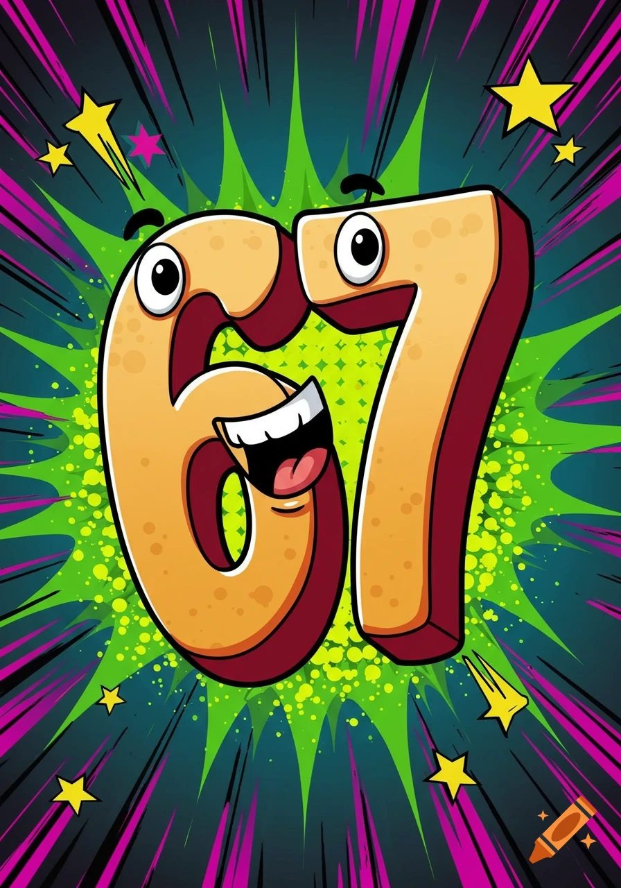 Cartoon numbers 6 and 7 with happy faces and an open mouth on a vibrant comic-style background with stars.