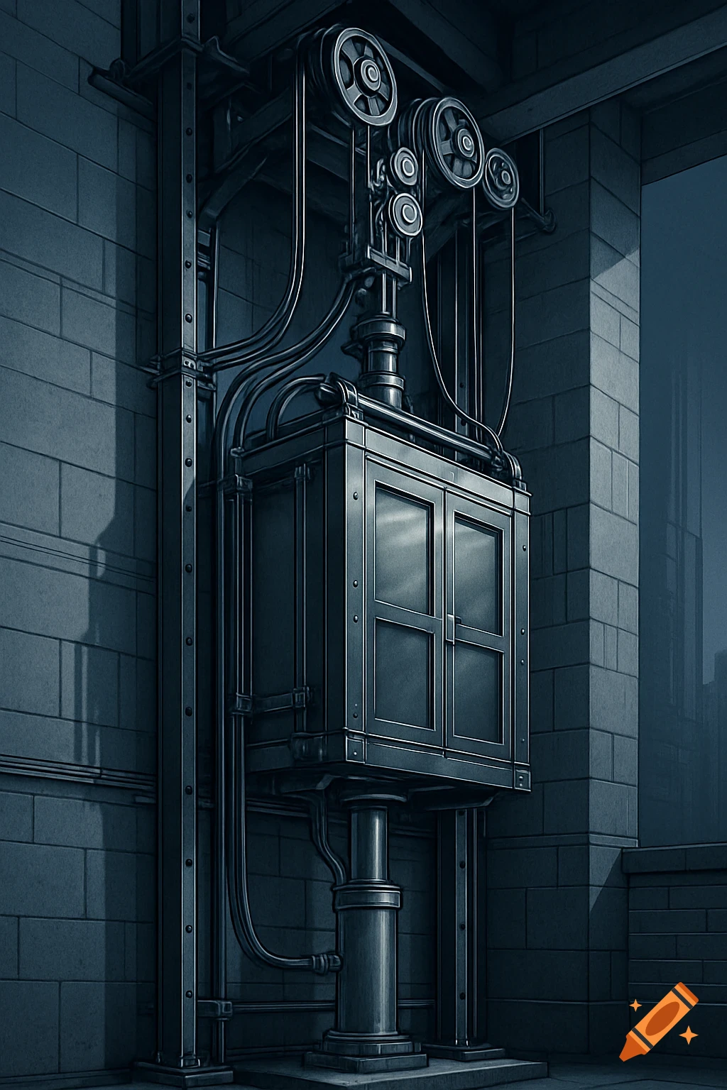 Detailed, stylized hydraulic elevator system with pulleys, cables, and a dark metal cabin.