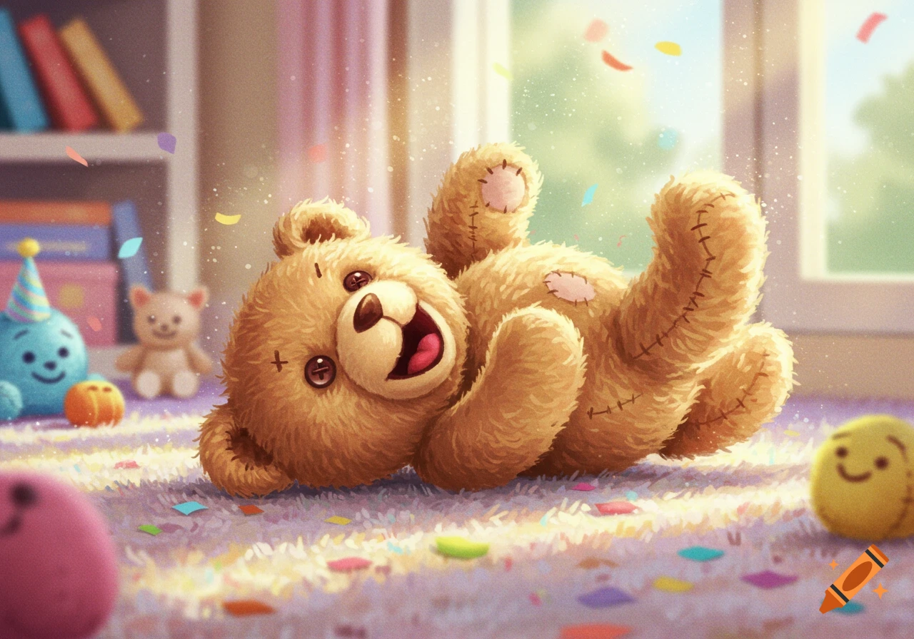 A fluffy teddy bear lies on its back, laughing amidst confetti in a bright room with other plush toys.