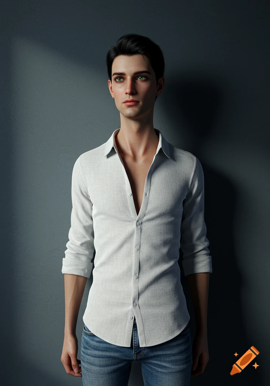 A photorealistic 3D render of a slender young man in a white shirt and jeans, standing against a grey wall.