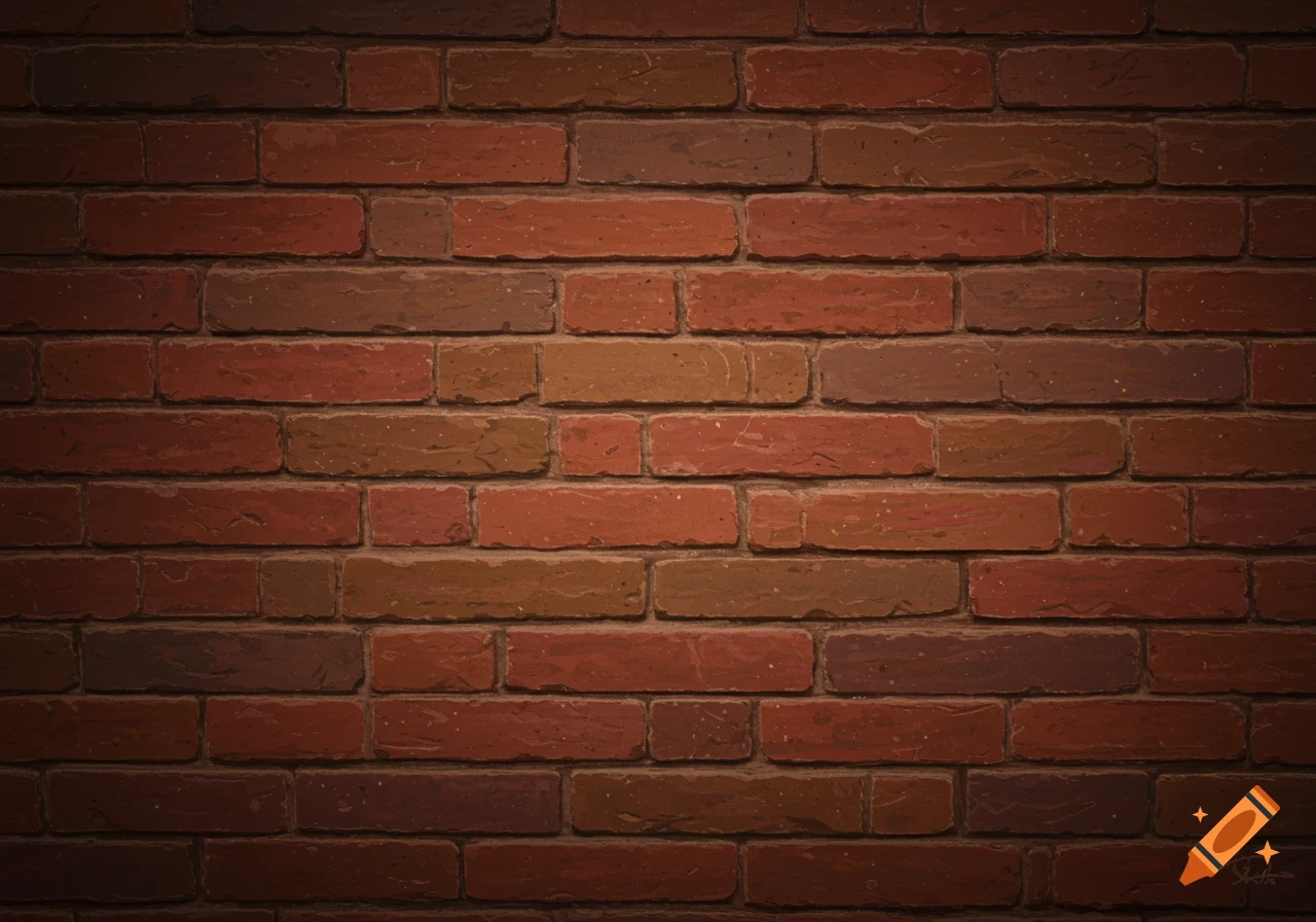 A hand-painted texture of a brick wall, featuring various shades of red and brown bricks with dark grout and a vignette effect.