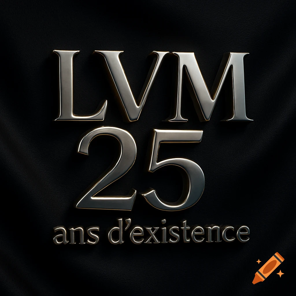 Metallic 3D text 'LVM 25 ans d'existence' on a dark, textured background.
