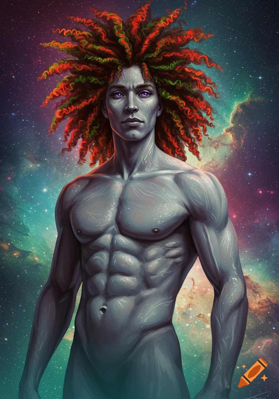 Portrait of a lean, muscular male with grey skin, vibrant red-green curly hair, and purple eyes, against a cosmic nebula background.