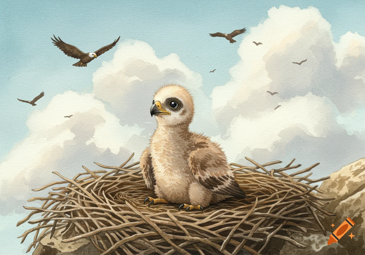 A fluffy eagle chick sits in a nest on a cliff, looking anxious, with adult eagles flying in a cloudy watercolor sky.