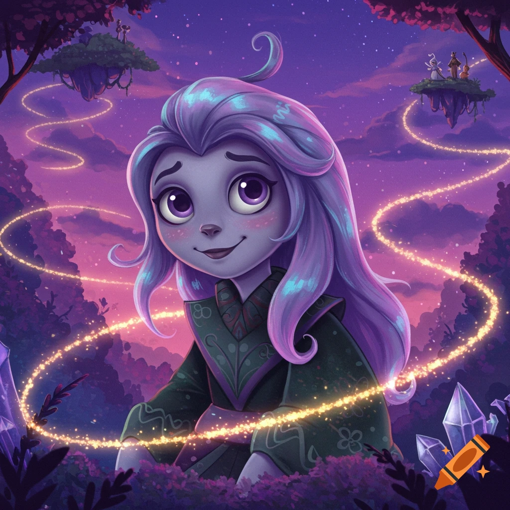 A cute purple-skinned character with long lavender hair and large eyes, wearing a green tunic, smiles in a magical purple forest with glowing paths and floating islands.