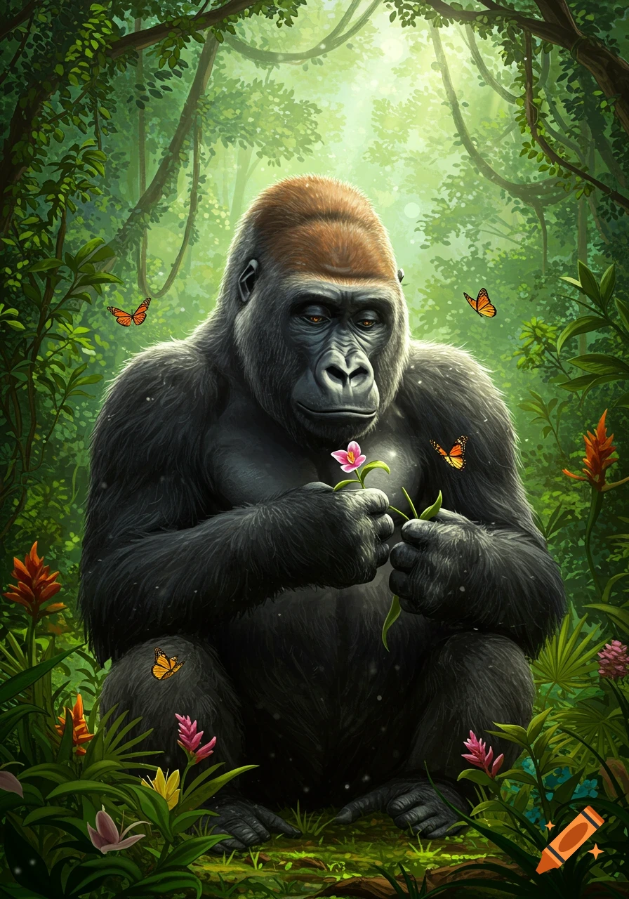 A majestic gorilla gently holds a pink flower amidst a vibrant, lush jungle with butterflies.