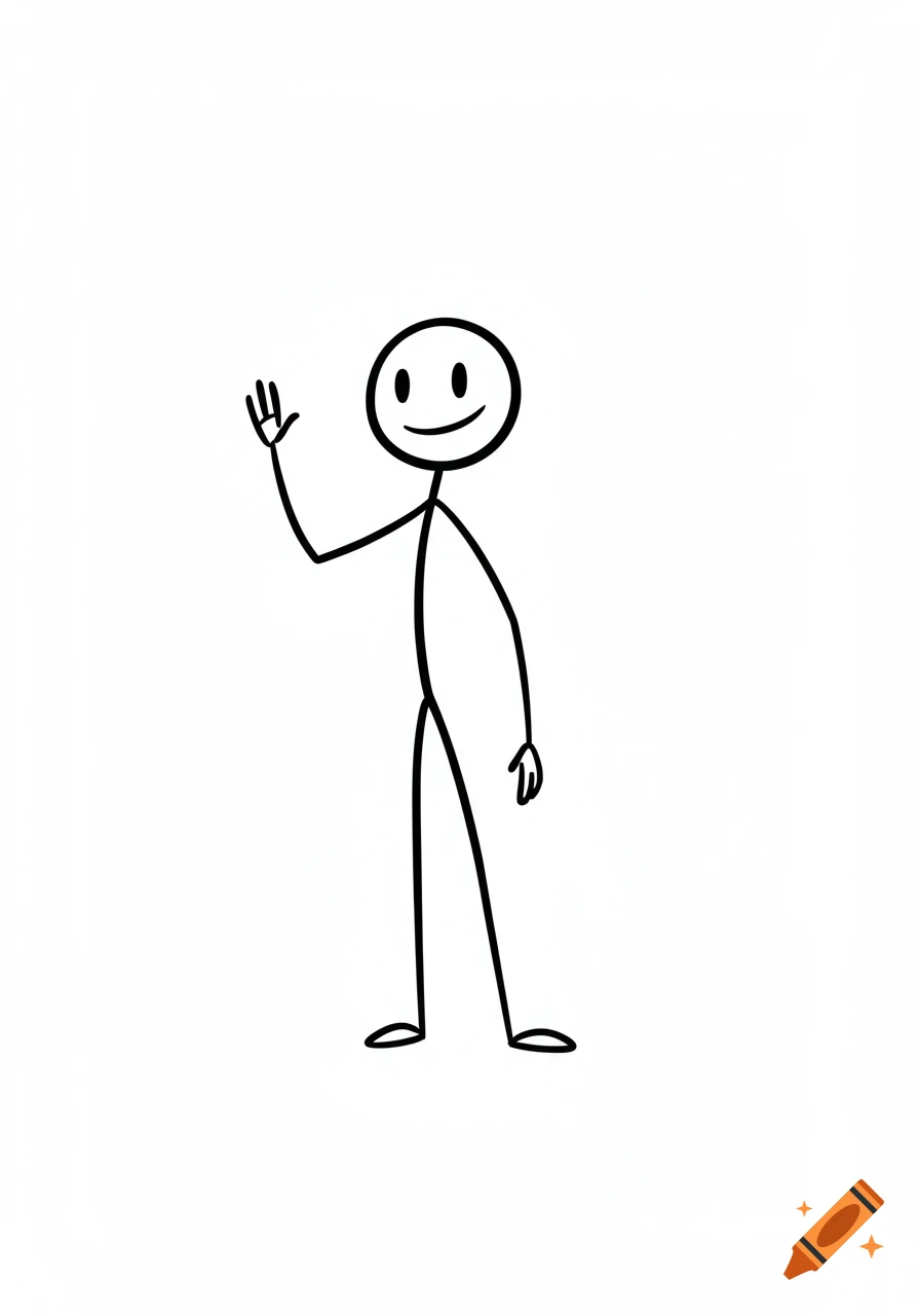 A simple black stick figure with a smiling face waves with one hand against a plain white background.