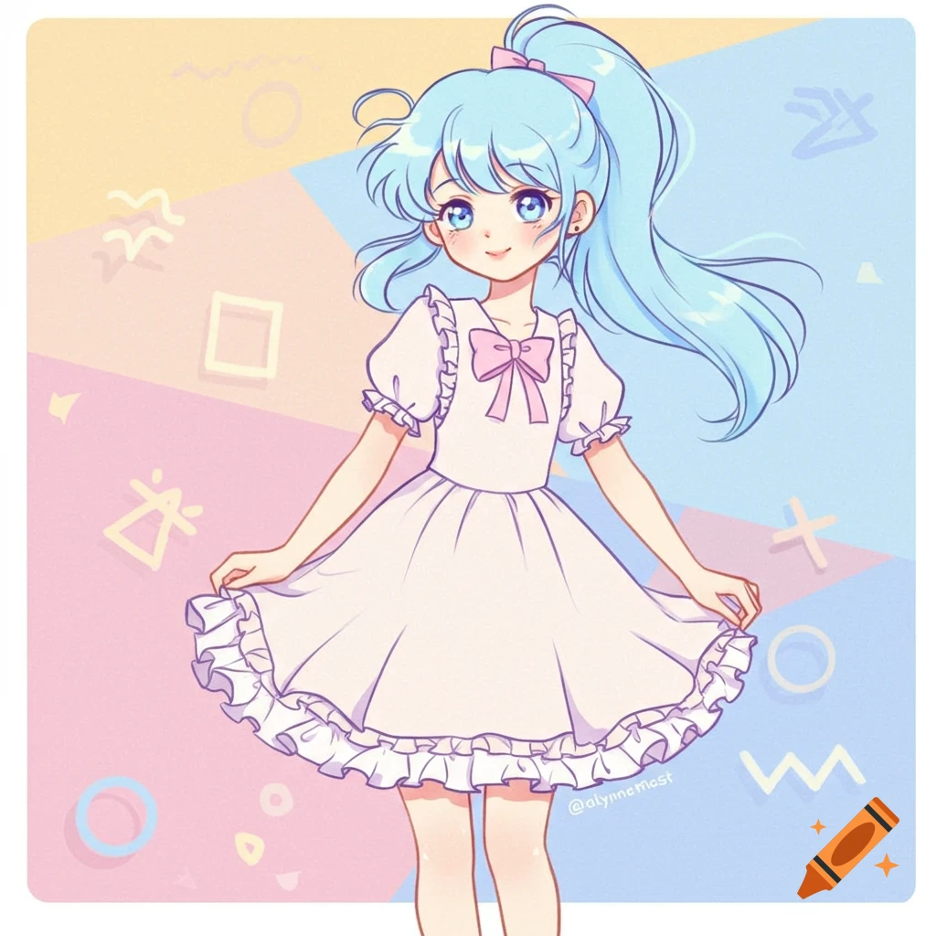 Cute anime girl with light blue ponytail and white ruffled dress, smiling against a pastel geometric background.
