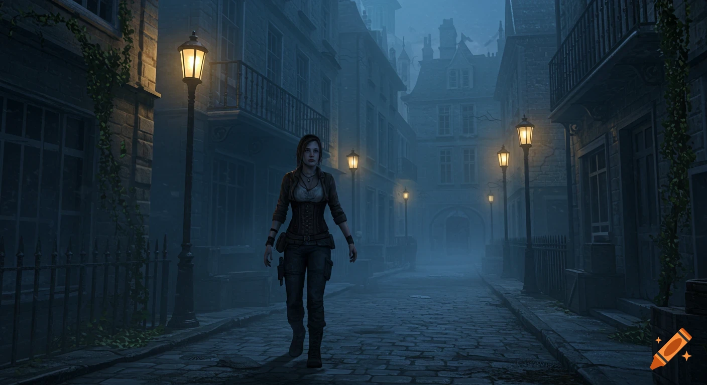 A young woman walks cautiously down a dark, foggy gothic Victorian city street at night, lit by streetlights. Survival horror game aesthetic.
