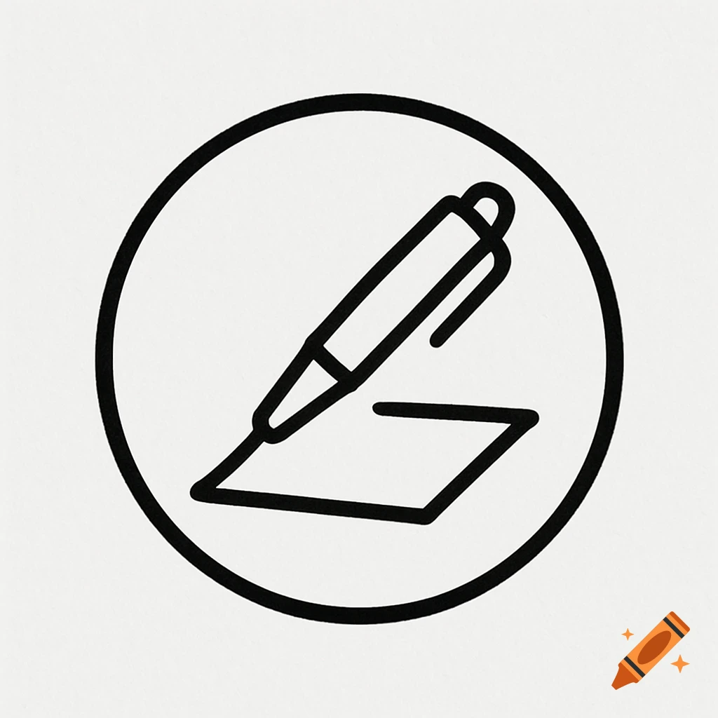 Black outline icon of a pen writing on a paper sheet, enclosed in a circle on a white background.