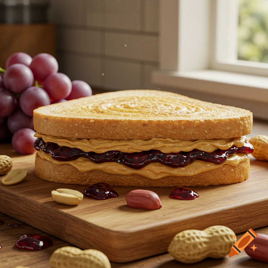 A photorealistic peanut butter and jelly sandwich on a wooden board, with grapes and peanuts in the background.