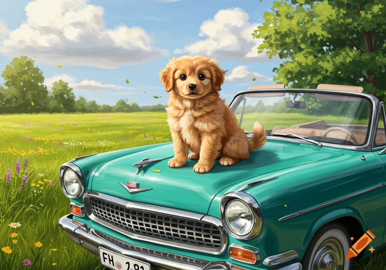 A fluffy golden puppy sits on the hood of a teal vintage convertible car in a sunny meadow with wildflowers, painterly style.
