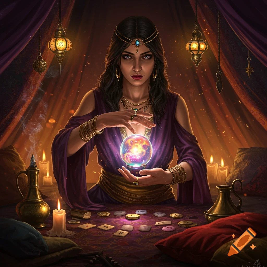 A striking woman, a fortune teller, in a dimly lit, richly draped room holds a glowing crystal ball.