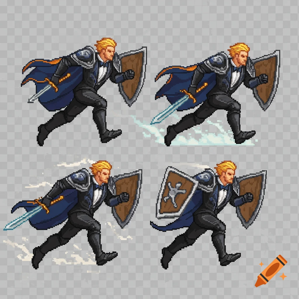Four pixel art frames show a running paladin groom in a tuxedo, cape, armor, holding a sword and shield, in 16-bit style.