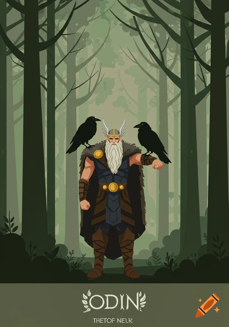 Stylized illustration of Odin with a long white beard and horned helmet, standing in a forest with two ravens on his shoulders.