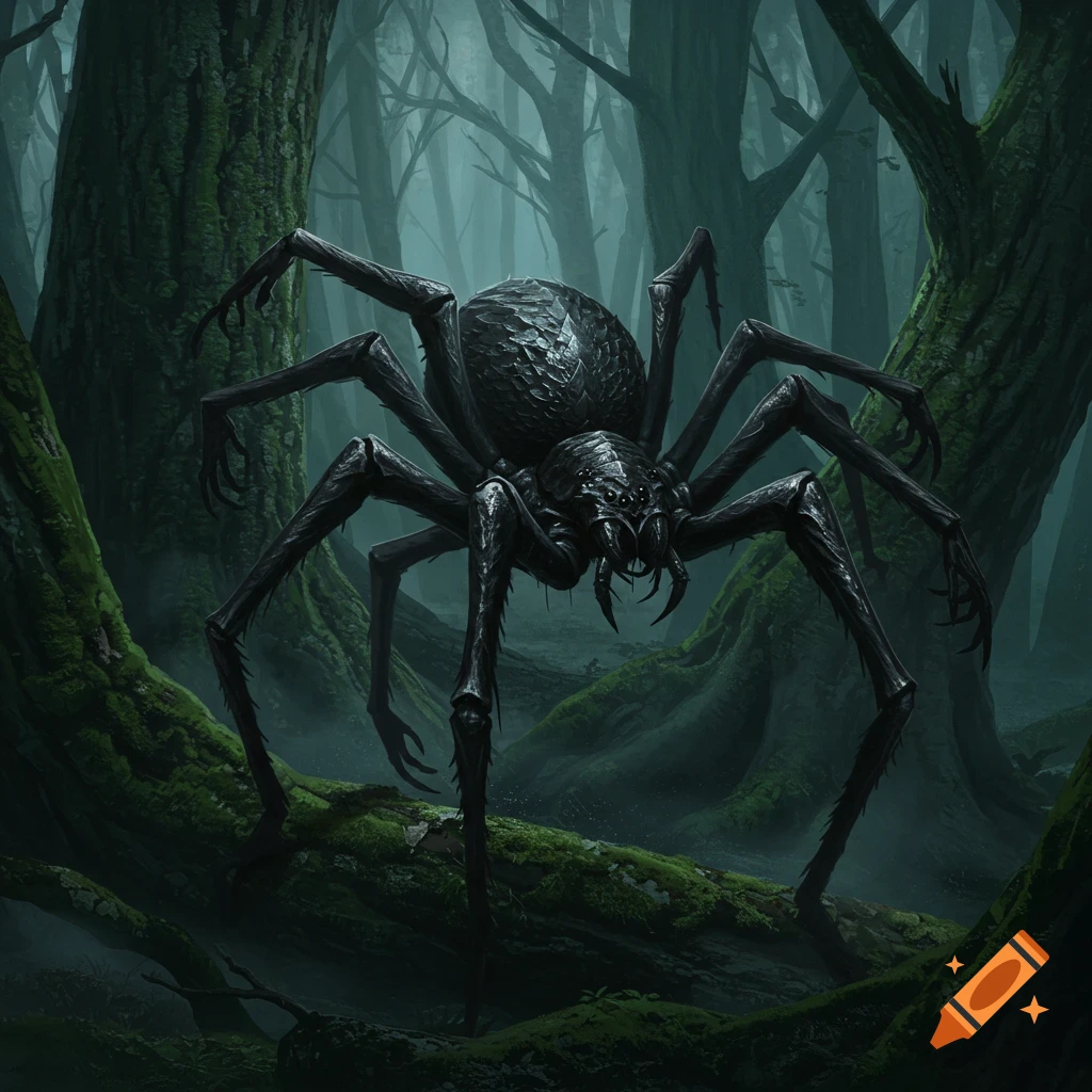 A dark, monstrous spider with a scaly body stands on mossy branches in a creepy, misty forest.