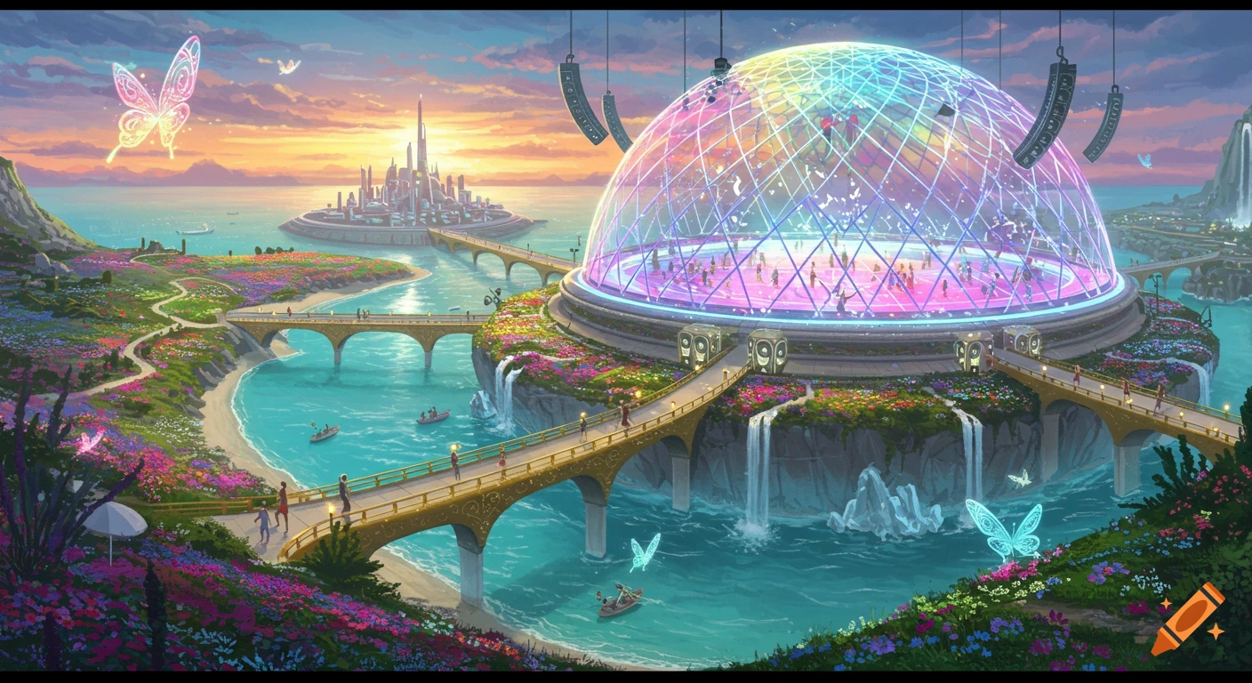 Vibrant fantasy illustration of a utopian floating city, Harmonia Royale, with a rainbow-lit glass dome, golden bridges, and neon flowers over turquoise water.
