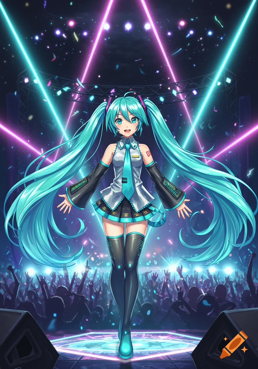 Hatsune Miku performs on a futuristic stage with bright neon lights and a cheering crowd in a vibrant anime style.