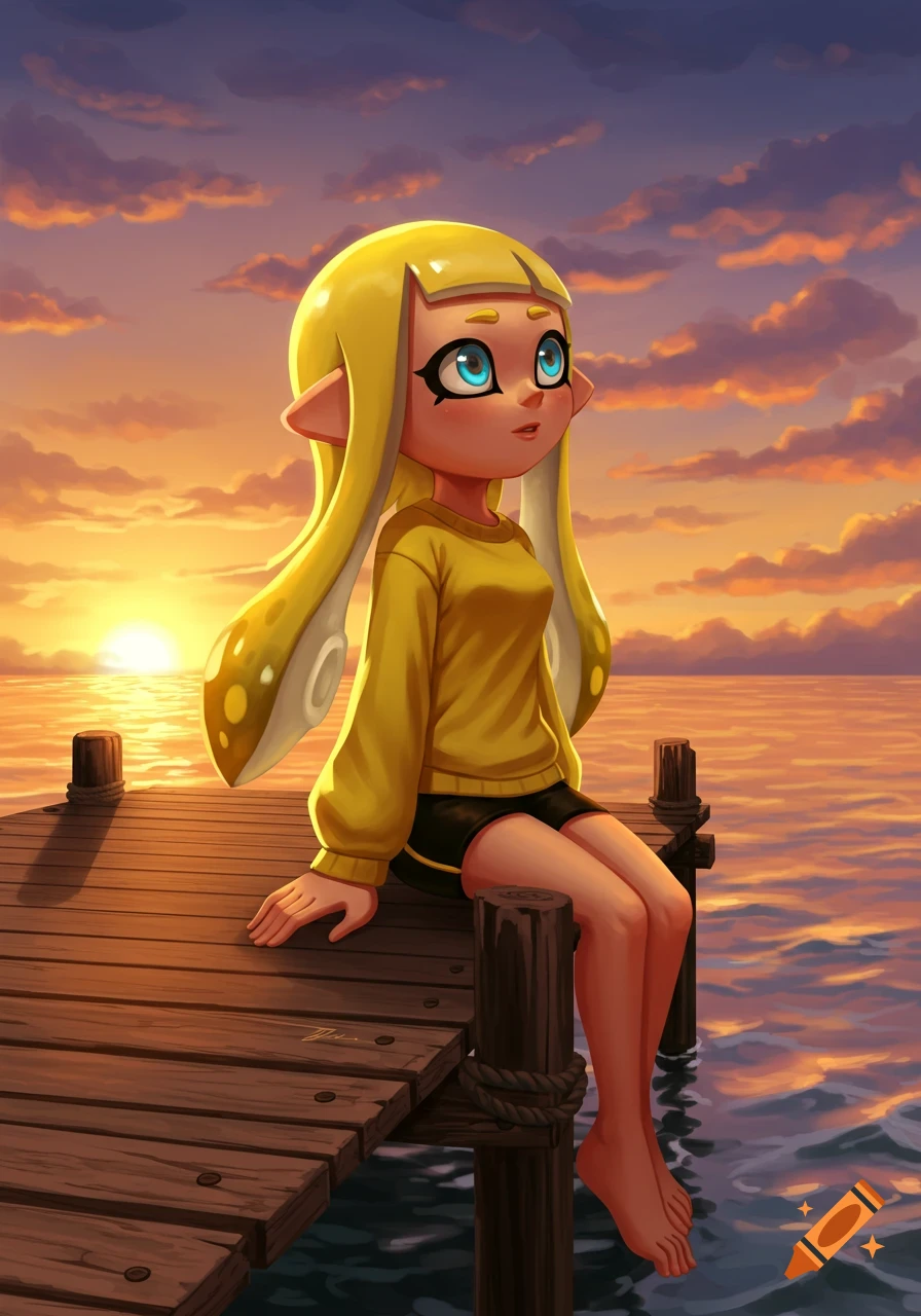 Anime-style female Inkling with yellow hair, yellow sweatshirt, and black shorts sits on a wooden dock, gazing at the ocean sunset.