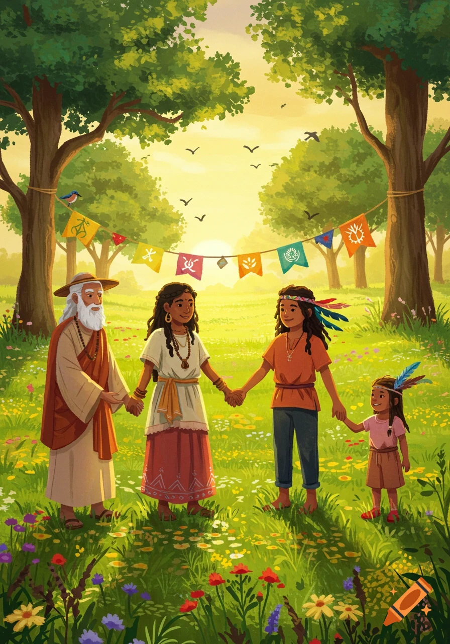 An illustration of a diverse family of four holding hands in a sunny, flowery field under trees with festive flags.