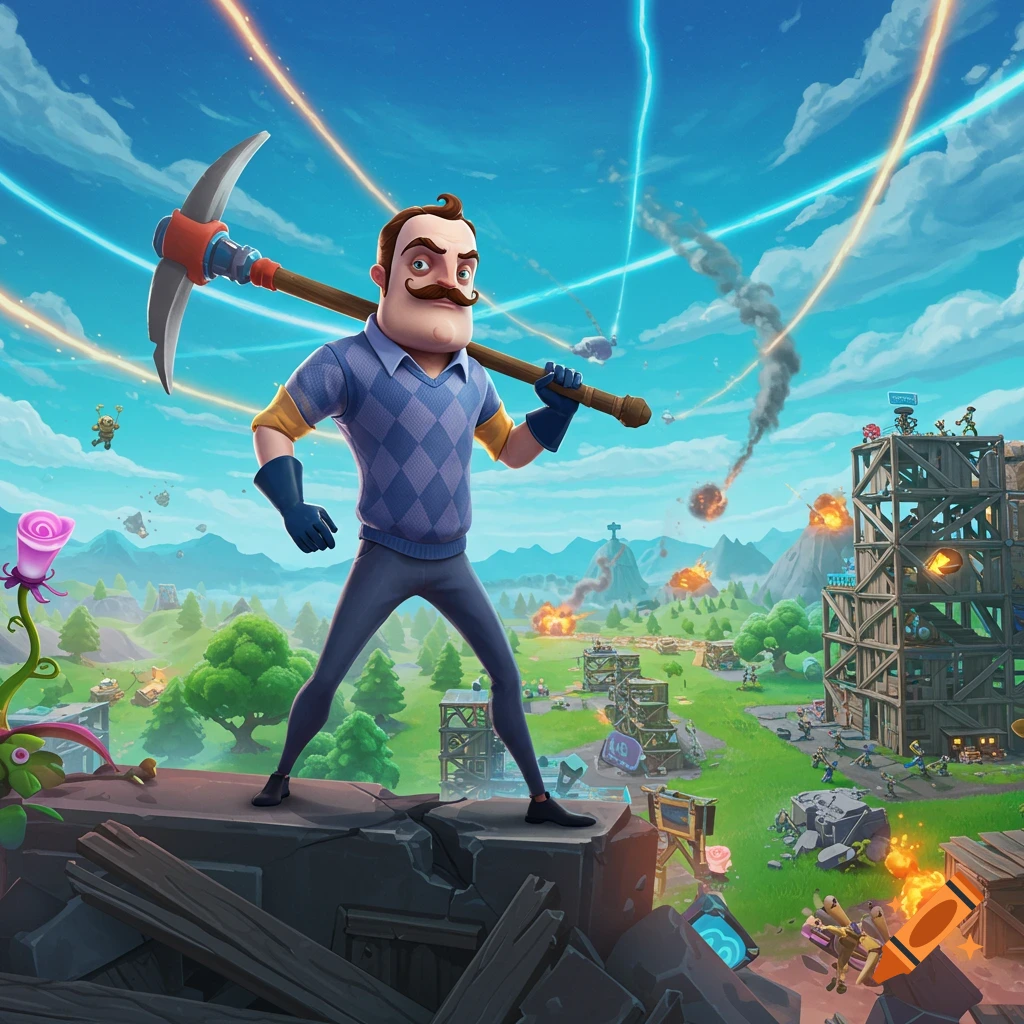 A cartoon man with a mustache holds a pickaxe, standing on rubble overlooking a vibrant, battle-filled landscape with explosions and wooden structures, in a game-like style.