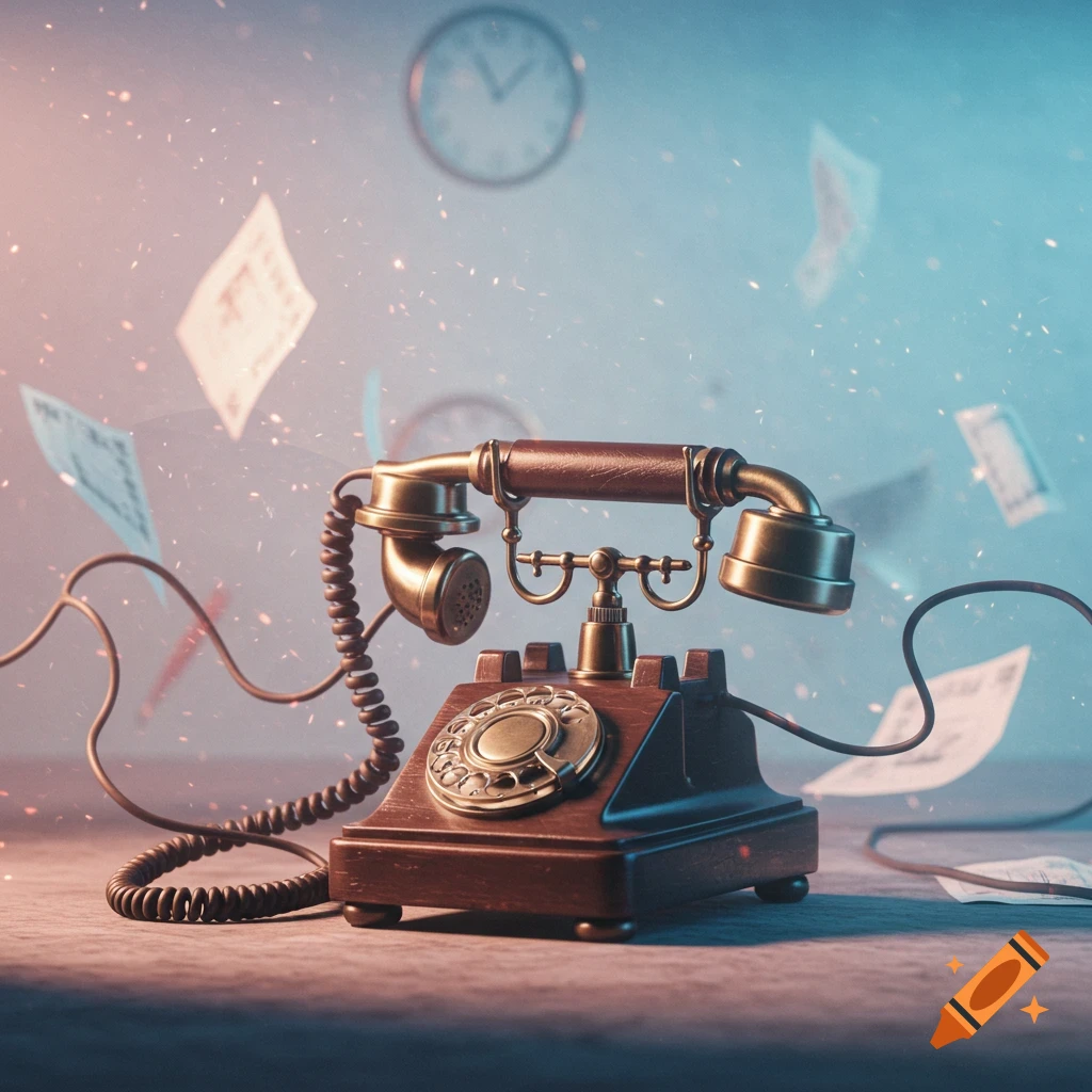 A vintage brown and brass rotary telephone sits on a surface, with blurred papers and sparkling particles floating in a blue and pink lit background. A faint clock face is visible in the upper background.