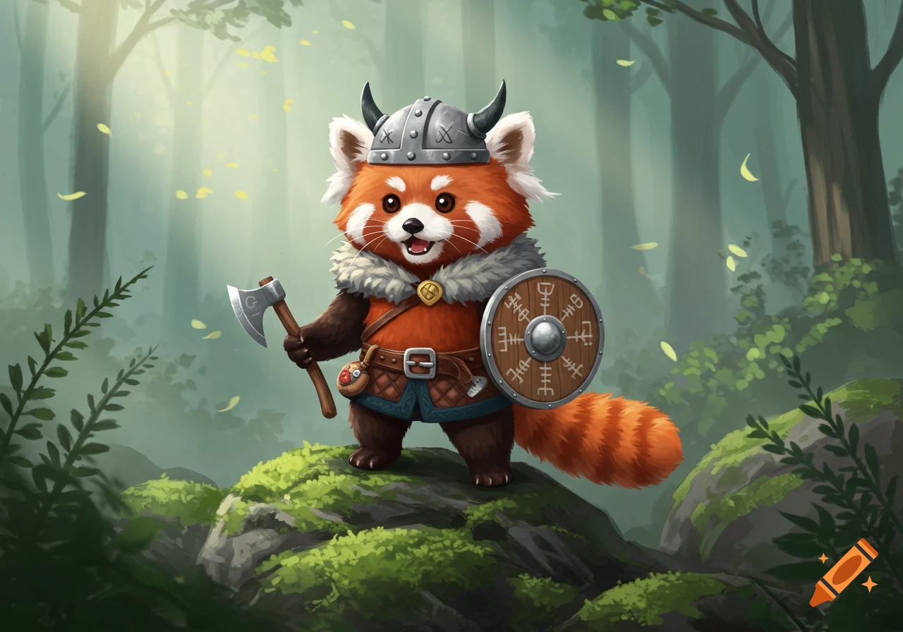 A cute red panda dressed as a viking, holding an axe and shield, stands on a mossy rock in a forest.