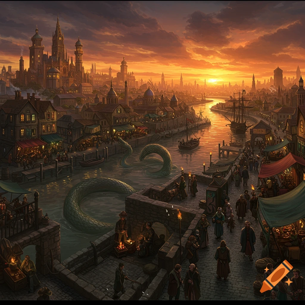 A bustling fantasy city at sunset with a huge sea serpent in the river and markets along the docks.