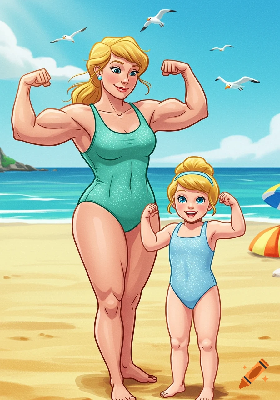 Muscular cartoon Cinderella's mother and young Cinderella flex their biceps on a sunny beach.