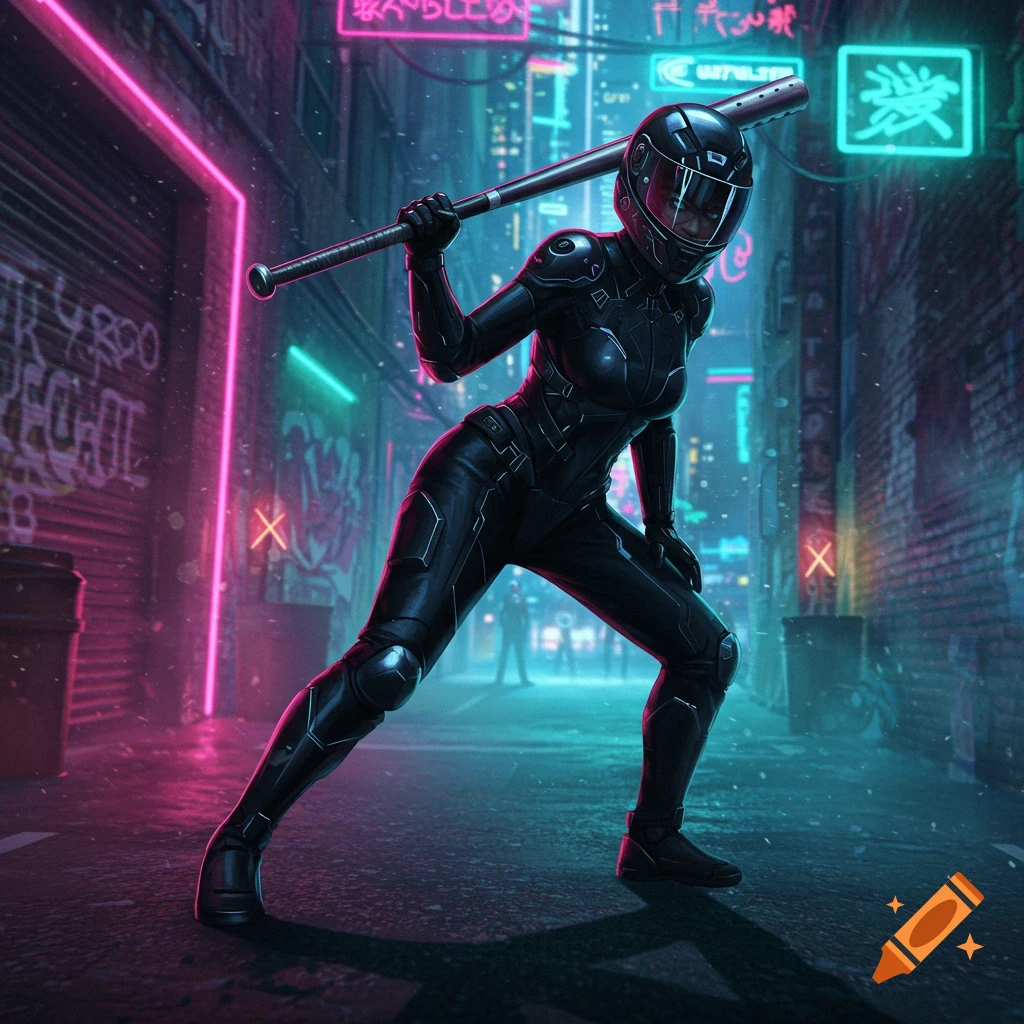 A woman in a black biker suit and helmet stands in a neon-lit alley, holding a metal baseball bat over her shoulder in a dynamic pose. The setting is a dark, urban street with glowing pink and blue signs and graffiti, in a cyberpunk style.