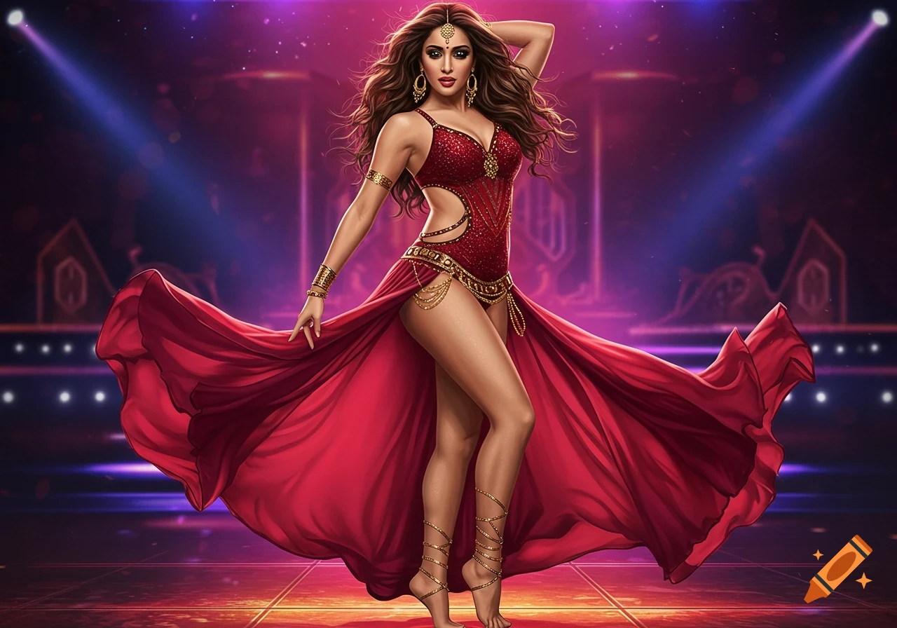 Glamorous female dancer in a sparkling red and gold costume, posing on a stage with dynamic purple and blue spotlights.