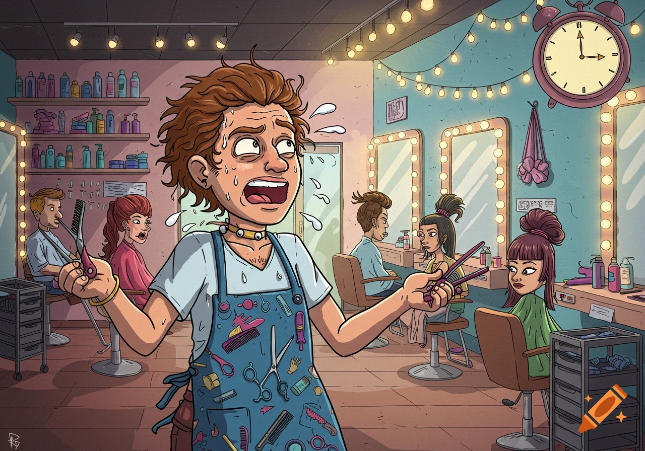 A cartoon of a sweating, distressed hairdresser in a busy salon, holding scissors and a comb, with clients in the background.