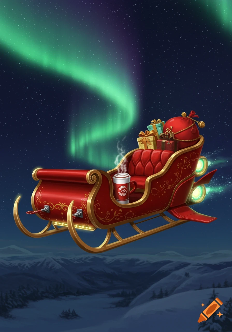 A modern, red and gold rocket-powered sleigh filled with gifts and a steaming mug, flying over snowy mountains under a vibrant green aurora borealis.