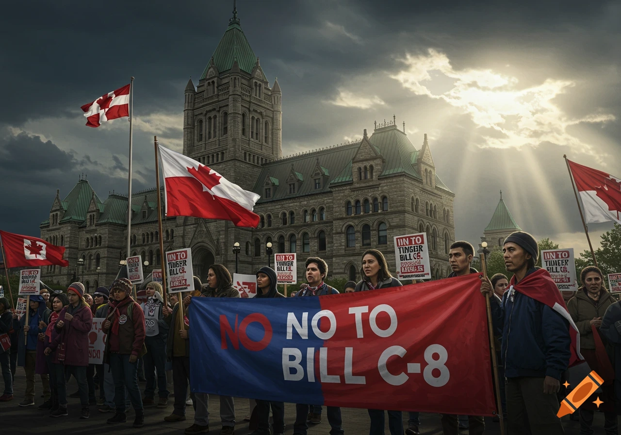 A photorealistic image of a protest in front of a grand Canadian parliament building under a dramatic sky. Protesters hold Canadian flags and a large banner reads "NO TO BILL C-8".