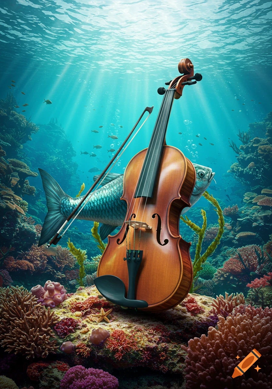 Photorealistic image of a violin and its bow resting on a colorful coral reef underwater, with a fish swimming nearby.