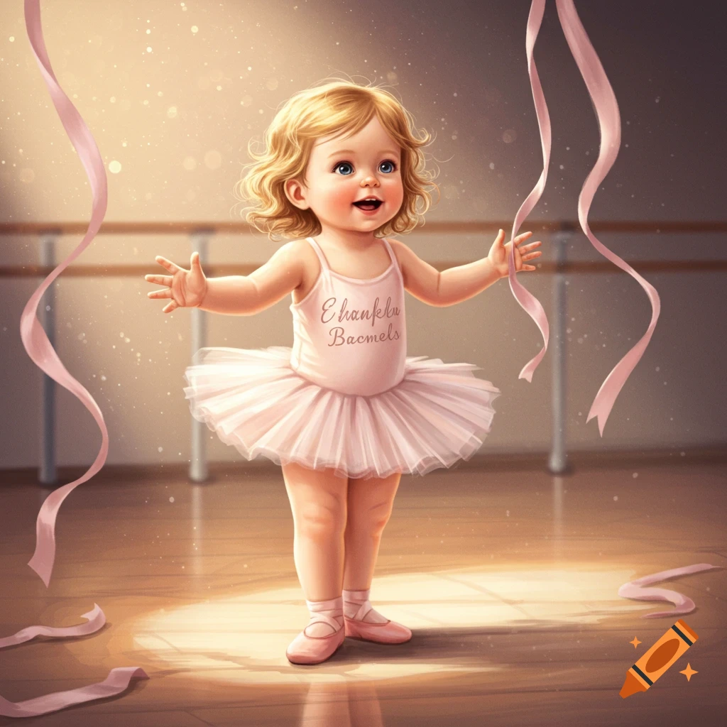 A cute blonde toddler in a pink ballet tutu and shoes in a sunlit dance studio, holding pink ribbons.