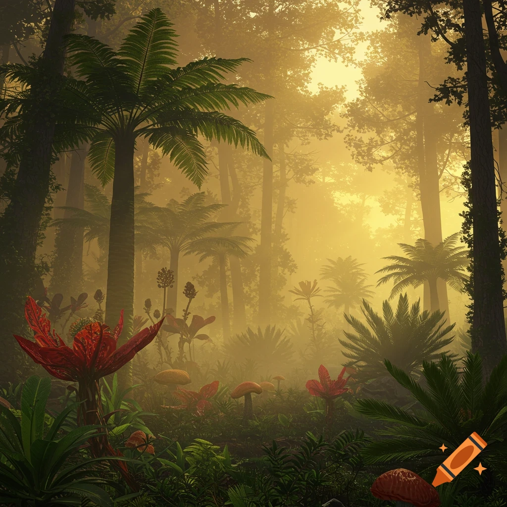 A misty, golden-lit prehistoric forest teeming with giant fern-like trees, red exotic plants, and mushrooms on the forest floor.