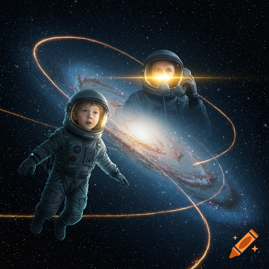 A young boy in an astronaut suit floats in space, looking up. Behind him, a blurred adult astronaut holds a phone, with a galaxy and glowing lines in the background.