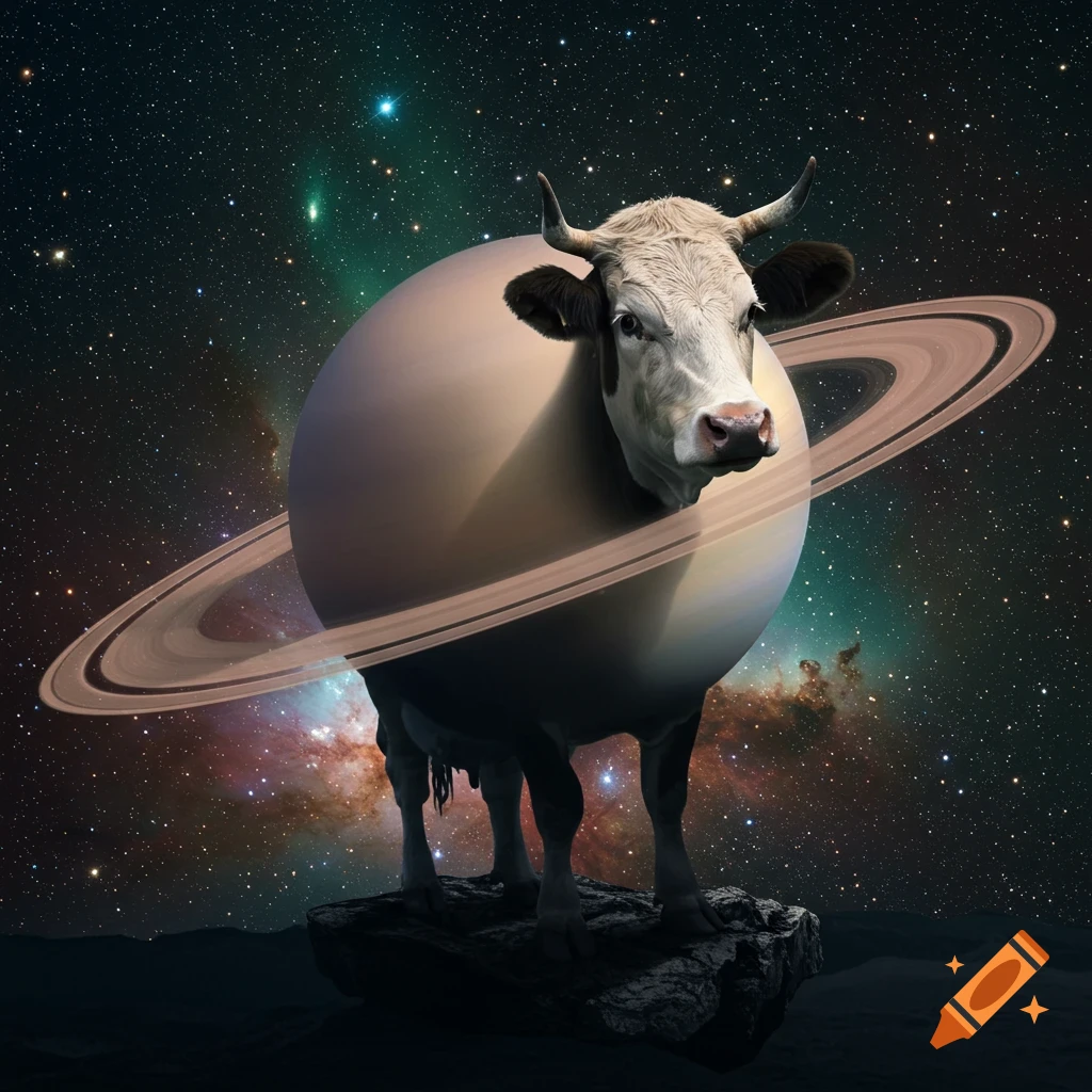 A photorealistic image of a cow with a Saturn-like body and rings, standing on a rock in deep space with colorful nebulae.