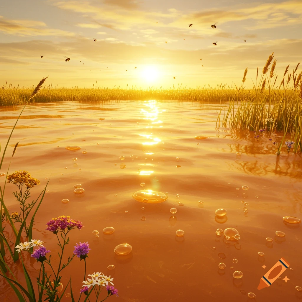 Golden honey-colored water in a field of tall grass with wildflowers and flying bees under a bright sunset.
