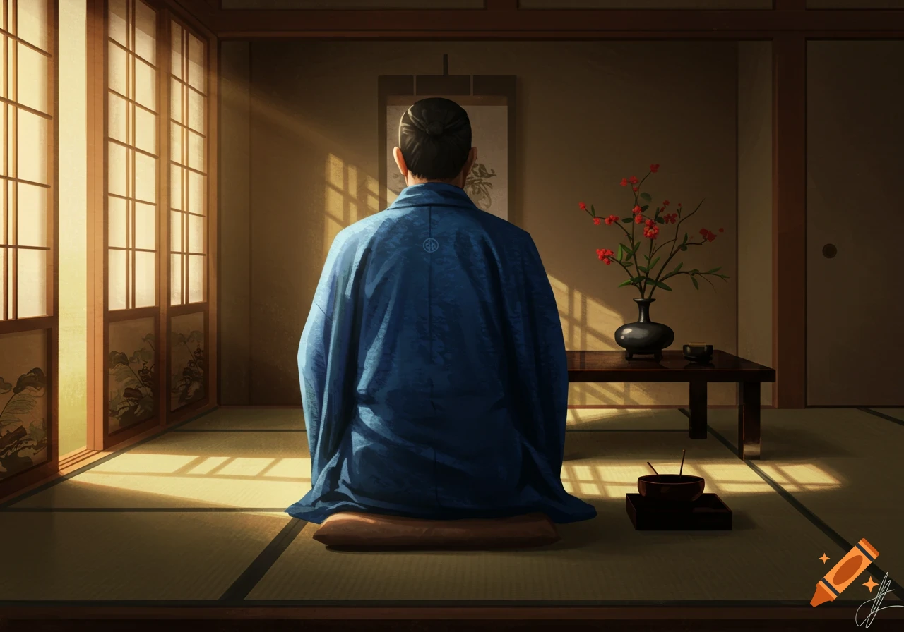 A person in a blue kimono meditating in a serene Japanese room with tatami mats and shoji screens, sunlight streaming in.