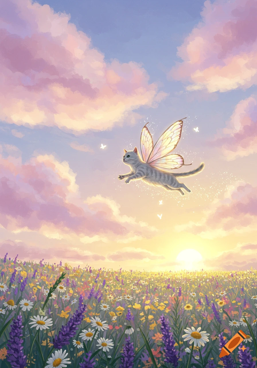 A whimsical illustration of a striped fairy cat flying over a field of purple and white flowers at sunset with pink clouds.