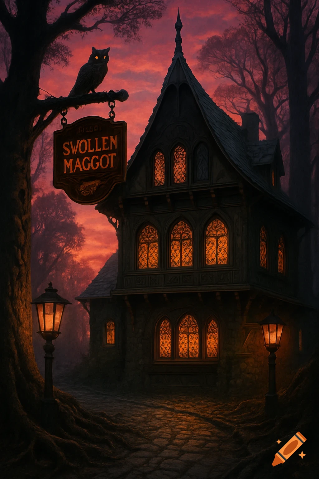 A dark gothic tavern with glowing windows, an owl on a "SWOLLEN MAGGOT" sign, in an ancient forest at red sunset.