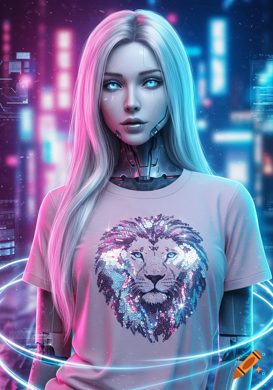 An android woman with silver hair and blue eyes, wearing a pink t-shirt with a sequined lion, set against a neon cyberpunk city background.