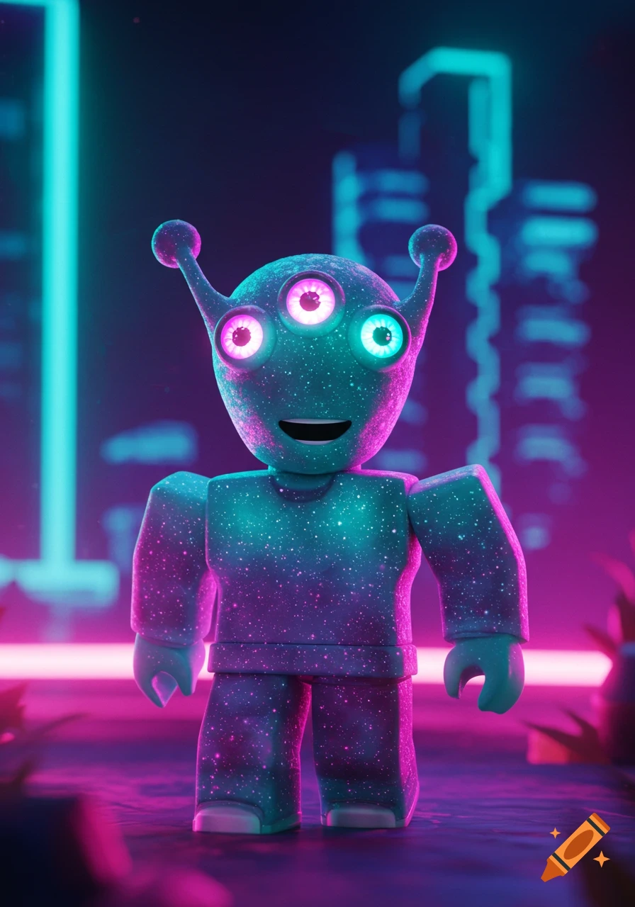 A three-eyed, galaxy-patterned Roblox-style alien with glowing eyes in a neon-lit city.