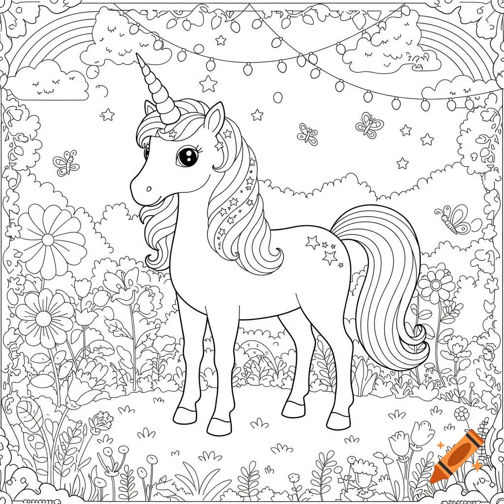 Black and white coloring page featuring a whimsical unicorn in a flower garden, with a rainbow, clouds, and butterflies.