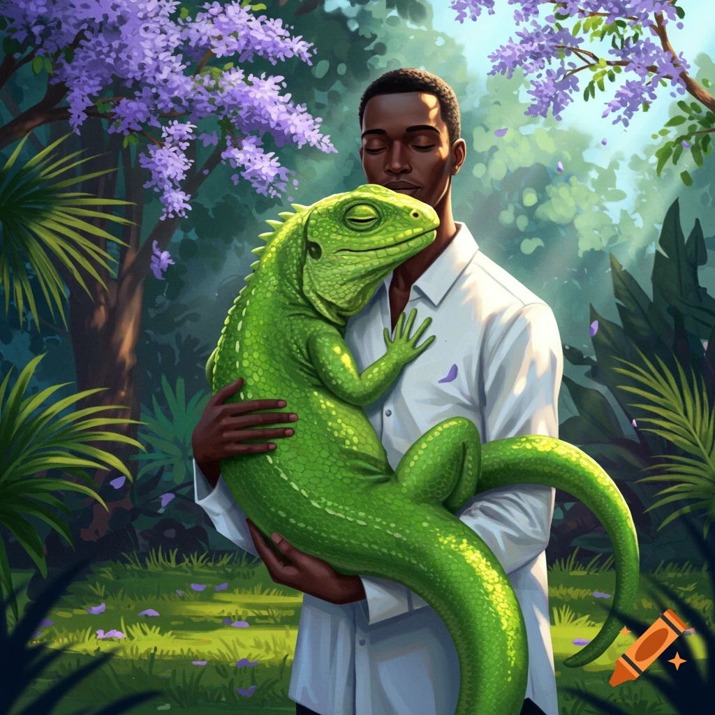A Black man embraces a large green lizard in a vibrant, illustrative jungle scene with purple flowers.