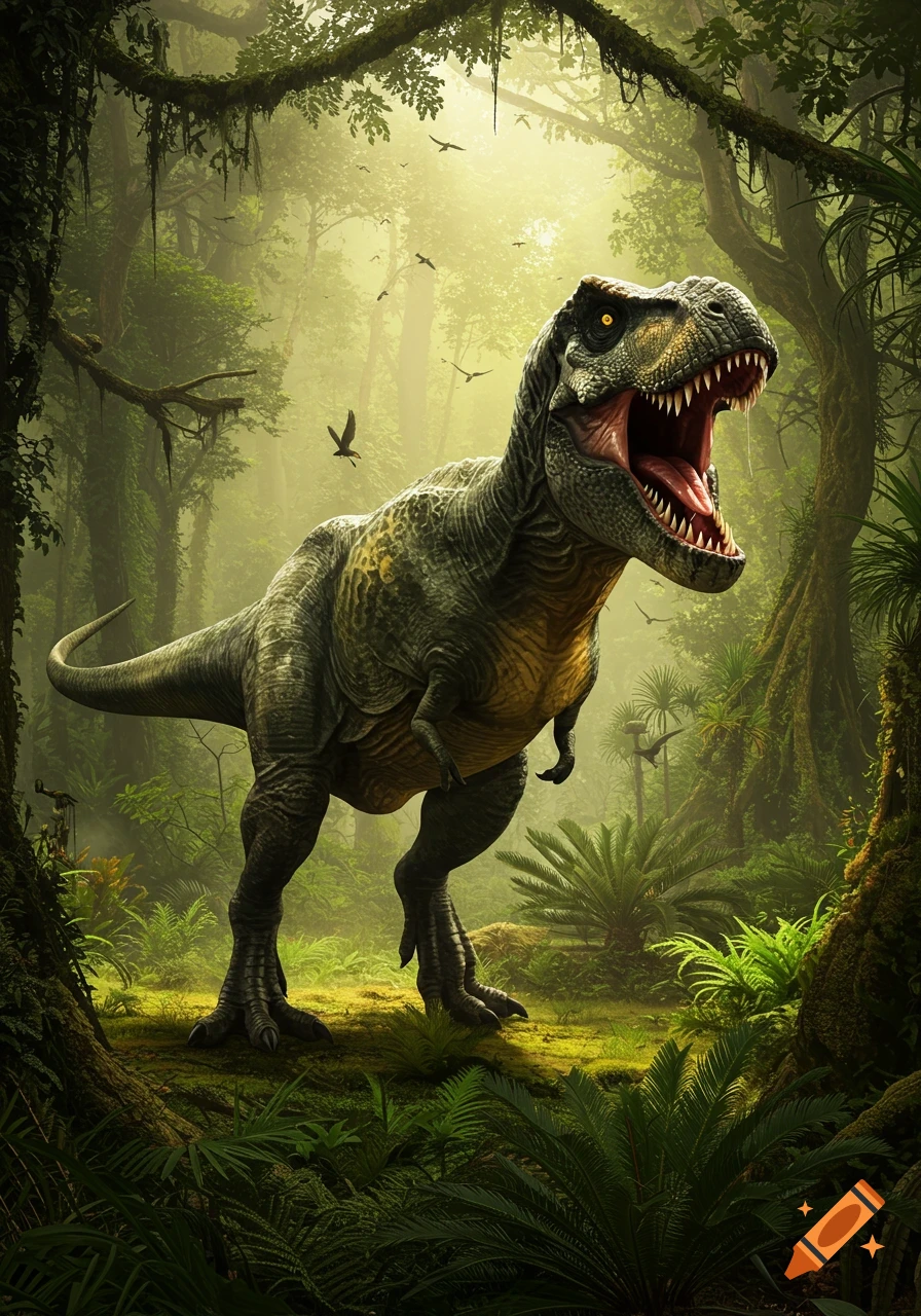 A photorealistic dark green T-Rex with a yellow belly roars in a lush jungle with birds flying.