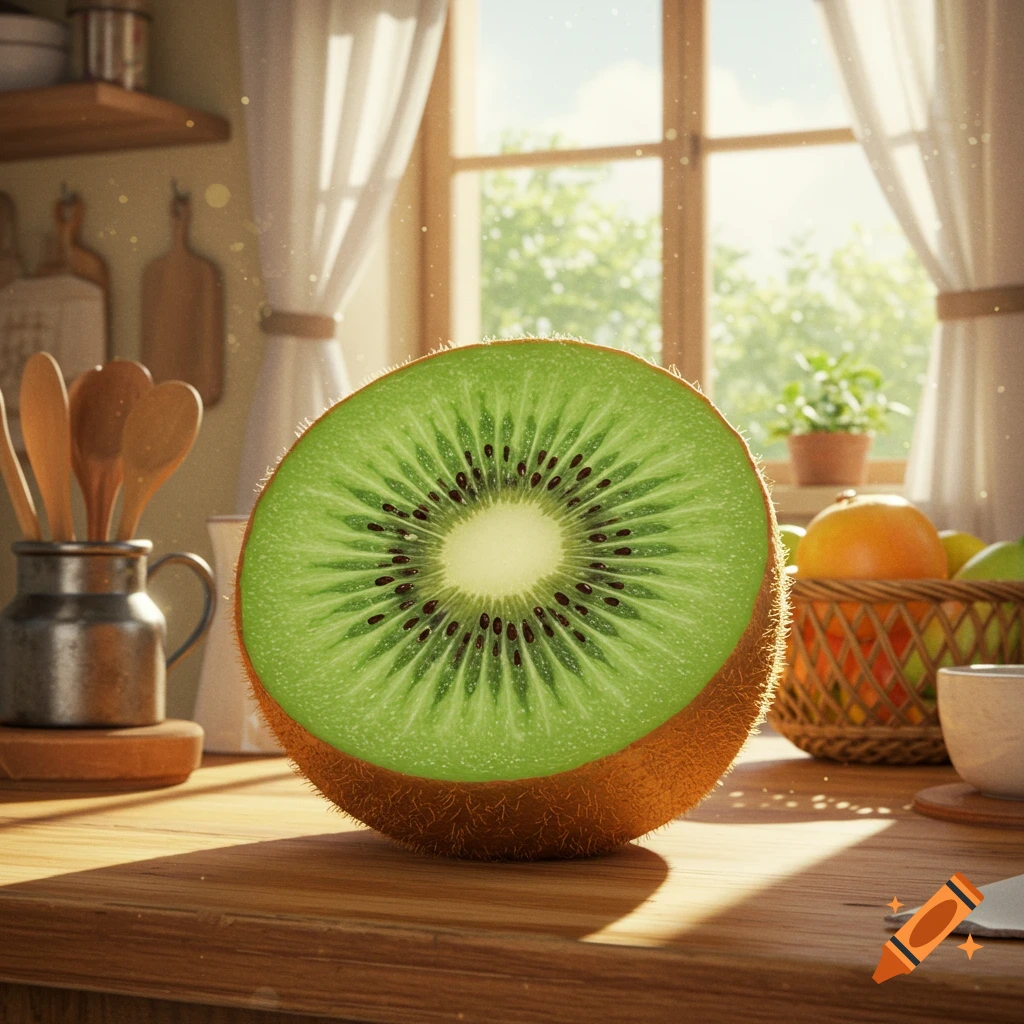 A close-up of a sliced kiwi fruit on a wooden kitchen counter, bathed in sunlight through a window.