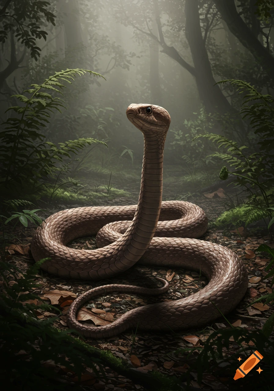 A photorealistic snake with its head raised, coiled on the ground in a misty jungle.